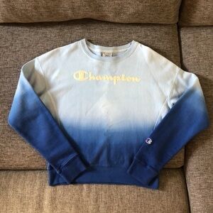 CHAMPION Reverse Weave Blue Dip Dye Script Ombre Crewneck Pullover Sweatshirt S